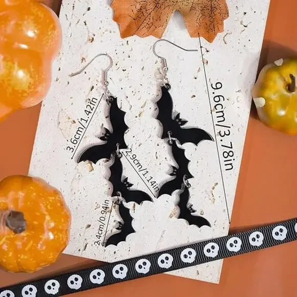 Halloween Earrings Women Black Skull Bat Acrylic Dangle Drop Spooky Costume Cute - Picture 6 of 7